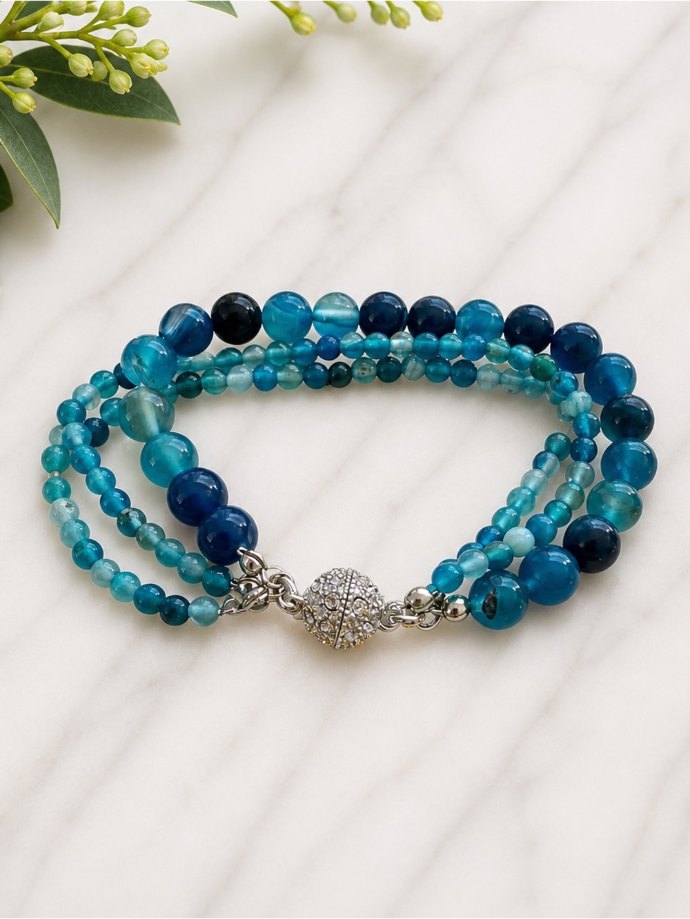 Teal Blue Botswana Agate Magnetic Beaded Bracelet – 7.5 inches